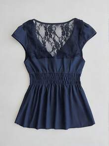 Glimmora 新款黑色蕾丝衬衫，复古优雅修身短袖T恤（女款） - 藏蓝色 - 查看 2