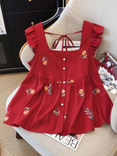 GlowEve CURVE Blusa casual de mujer talla grande con estampado floral, de manga abullonada y abertura delantera, versátil para usar en primavera/verano