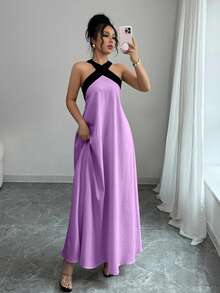 Rafferiza 撞色露背吊带蝴蝶结无袖连衣裙，休闲度假风女装，优雅经典女装，正式场合着装，哪里可以买到晚礼服，女士裹身连衣裙 - 紫色 - 查看 1