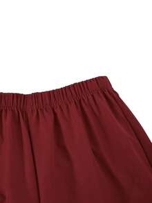 SHEIN Tween Girls 2pcs/Set Red Fall Outfit Matching Family V-Neck Puff Sleeve Button-Up Cropped Top Wide-Leg Pants Elegant 80s Western Cute School Cheer - Burgundy - View 7