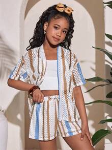 Tween Girls' Casual Striped Shirt And Shorts Set - Blue - View 4