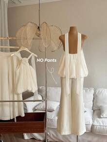 GlowEve 无袖女士衬衫，饰有3D立体花卉灯笼图案，露背设计，配长缎带，时尚优雅。 - 杏色 - 查看 2