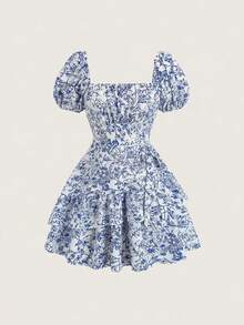 Olithes 女士优雅休闲简约方领泡泡袖收腰短款印花度假连衣裙，夏季 - 藍白色 - 查看 8