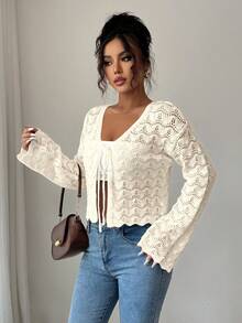 Elenzga 女士优雅系带镂空开衫 - 杏色 - 查看 7