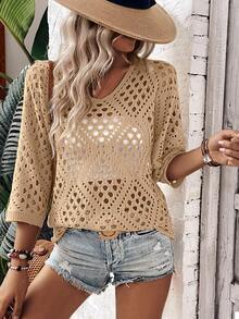 Breezaya 女士宽松休闲七分袖镂空针织上衣 - 杏色 - 查看 3