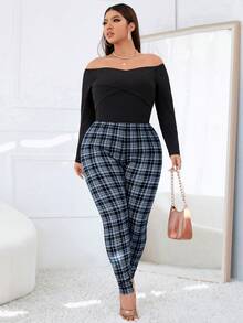 SHEIN Essnce 大码女式格子弹力紧身打底裤 - 灰色 - 查看 3