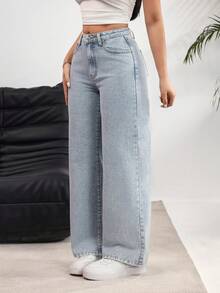 Rivivi 女士高腰阔腿宽松休闲百搭牛仔裤，带翅膀刺绣 - 淺色水洗藍 - 查看 6