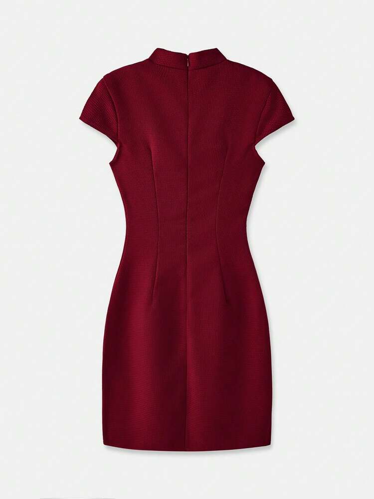 lacRébo Elegante vestido mini de tweed rojo festivo con cuello Mao, ideal para Navidad - Rojo - Añade 8