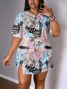 Slaydiva 大码女式字母印花圆领短袖休闲连衣裙 - 彩色 - 查看 5