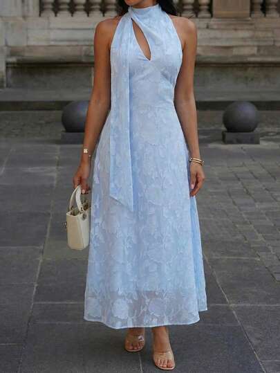 Firerie Vestido elegante, romántico y digno con cintura acampanada y calado, adecuado para primavera/verano, fiestas, bodas, invitados, damas de honor, cumpleaños, citas, vacaciones en la playa, color azul claro