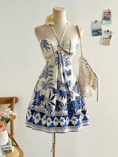 Soleia 蓝白花卉复古印花抽绳领口镂空腰身浪漫休闲度假连衣裙