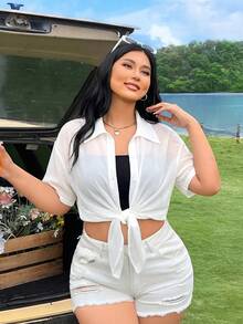 SHEIN EZwear Áo kiểu nữ cỡ lớn mùa hè, thường ngày, đi nghỉ mát, đơn giản, màu trơn, hơi xuyên thấu, dáng rộng. - trắng - Xem 3