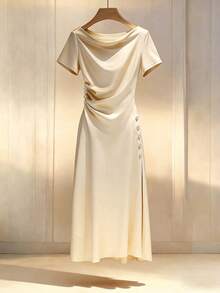 Lyxana Women's Spring/Summer Elegant Solid Color Satin Draped Neck Ruched Waist High Slit Dress - Khaki - View 1