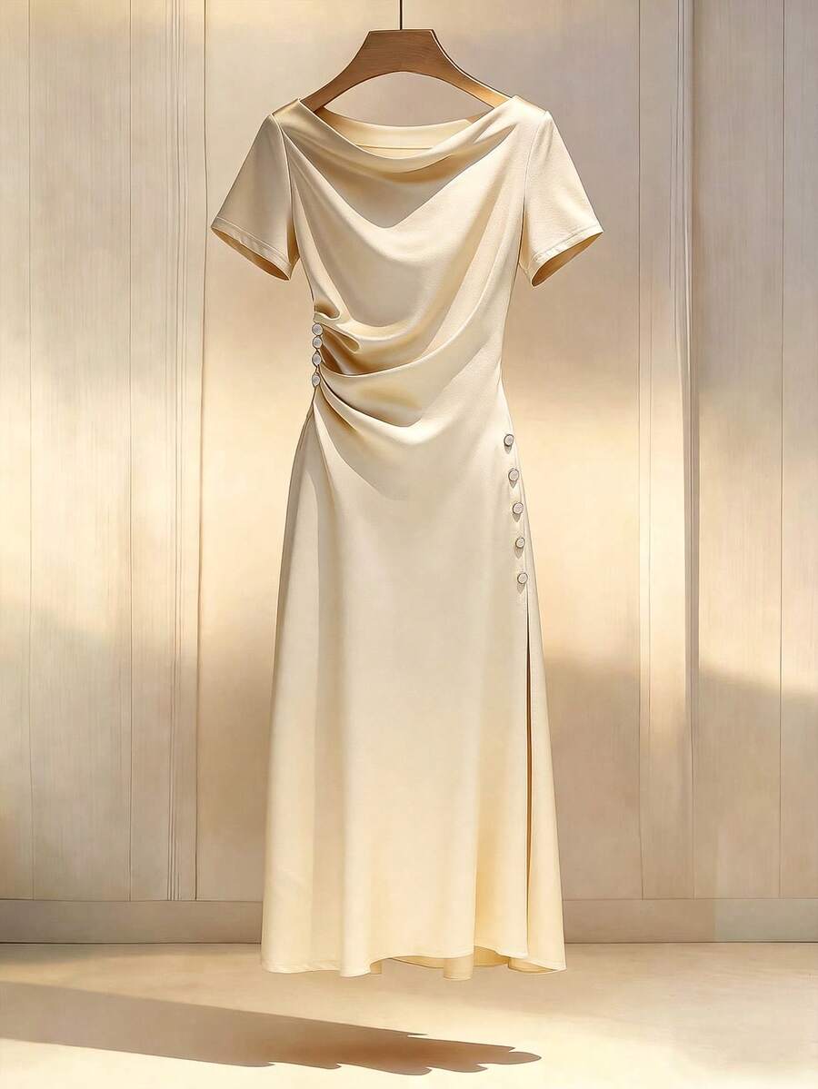 Lyxana Women's Spring/Summer Elegant Solid Color Satin Draped Neck Ruched Waist High Slit Dress - Khaki - View 1