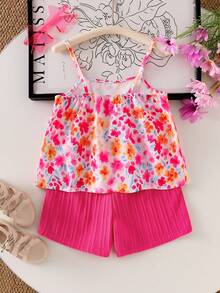 SHEIN Elladie kids Conjunto de top de tirantes y shorts con estampado floral para niñas, atuendo de verano refrescante y cómodo para salir, ropa de vacaciones dulce y linda - Rosa Fucsia - Ver 2