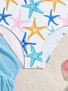 SHEIN 少女海星印花荷叶袖连体泳衣，适合海滩度假、泳池派对、沙滩派对，可搭配迷你裙 - 彩色 - 查看 5