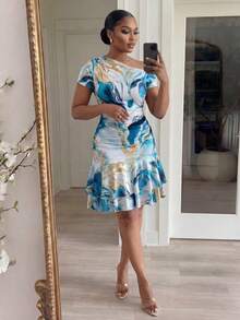 SHEIN Lady CURVE 大码夏季优雅扎染印花不对称领连衣裙 - 彩色 - 查看 4