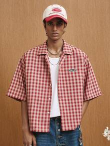 TOKVUE 男士提花格子短袖衬衫 - 紅色 - 查看 6