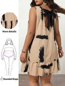 SHEIN Unity Plus Size Women's Brush Printed Back Tie-Up Summer Boho Dress Party, For Apple And Rounded Body Shape - Khaki - View 1