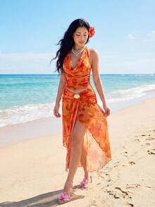 Sweetina 花卉网纱印花半身裙，度假风 - 橘色 - 查看 3