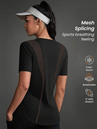 Powerista Camiseta deportiva de mujer de unicolor, cuello redondo, manga corta, casual, para fitness y gimnasio