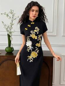 EastFlair Women's Black Floral Embroidery Cheongsam Long Dress,Short Sleeves Elegant Chinese Style Qipao,Summer Dining Outfit - Black and Gold - View 2