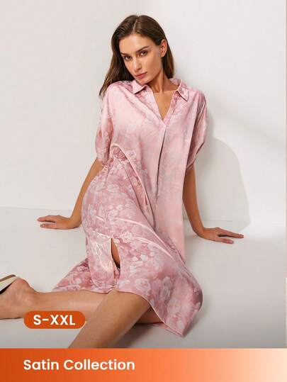 LUVLETTE Vestido de dormir de satén rosa femenino y lindo para mujer - Camisón de estilo camisa de ajuste relajado, ropa de dormir dulce, pijama de novio