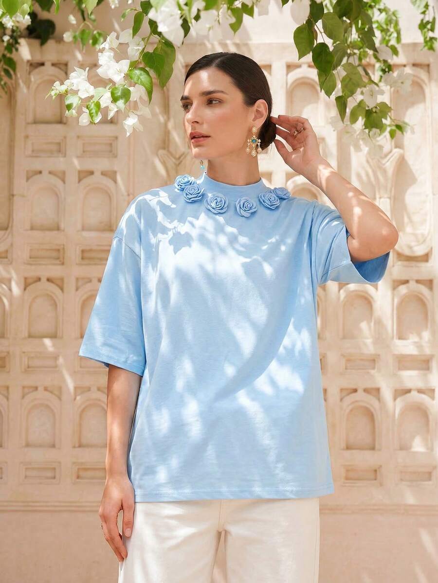 LOTSLUV 女士白色圆领中袖宽松百搭T恤，春夏款 - 藍色 - 查看 1