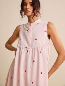 LOTSLUV Women's Spring/Summer Linen Fabric Asymmetrical Heart Embroidered Pink Sleeveless Round Neck Long Top And Cropped Pants 2-Piece Set - Baby Pink - View 4