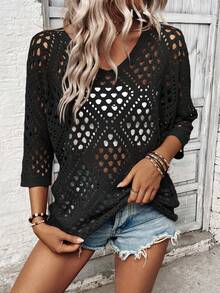 Breezaya Women Loose 3/4 Sleeve Hollow Out Knit Top - Black - View 3