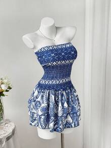 Sweetra Nuevo vestido bohemio de verano con estampado, cintura ceñida y escote sin tirantes - Azul - Ver 5