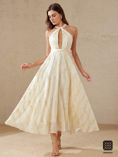 Aveloria Rosie Elegant, Minimalist, Generous Beach Resort Date Night Romantic Luxury High-End Design Delicate Heavy Embroidery Fabric Halter Deep V Hollow Out Design Waist Slimming Super Flared Women Long Sleeveless Dress