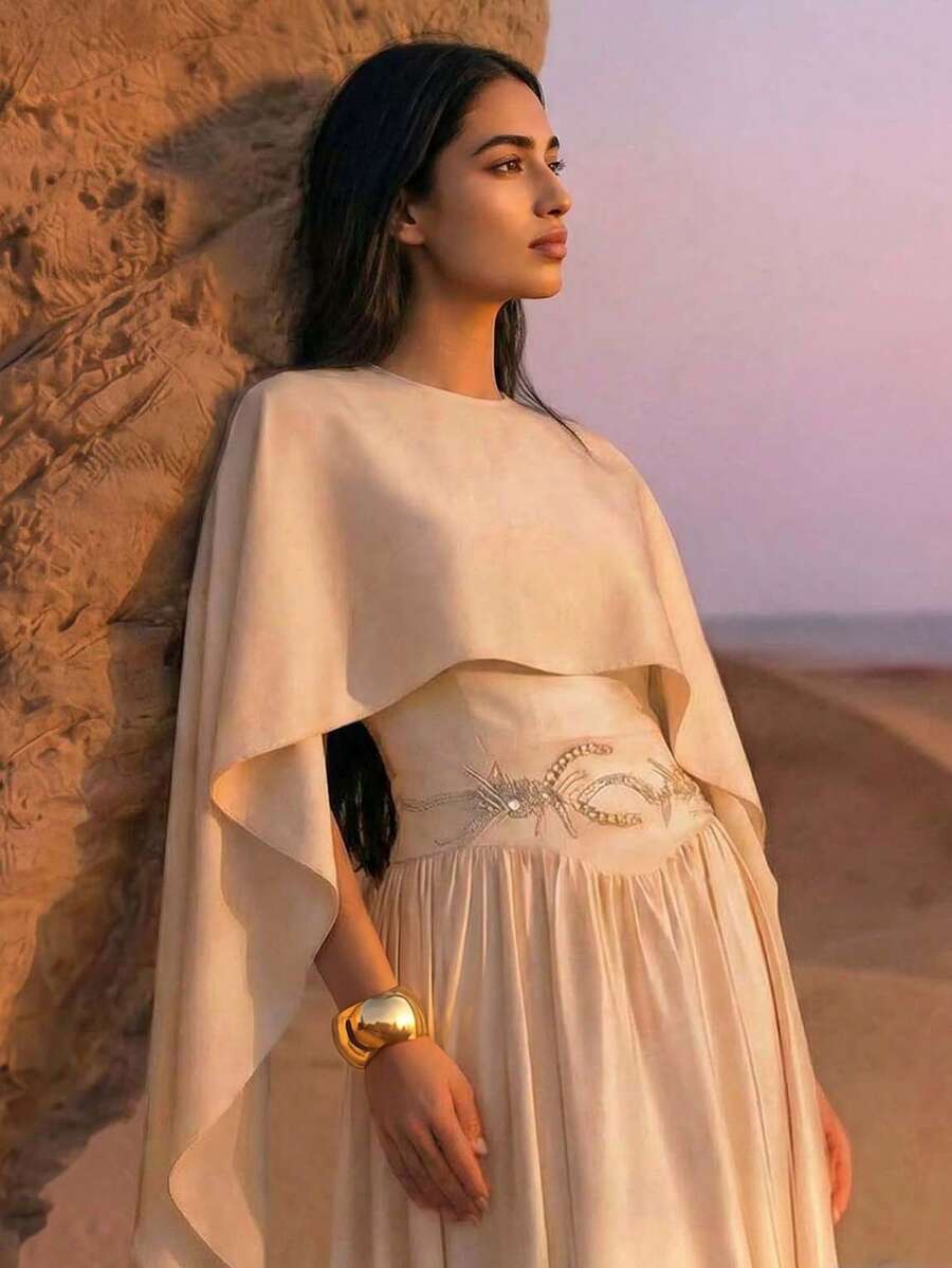 ZEYLAH Detachable Collar Long Sleeve Beaded Dress, Suitable For Spring & Summer - Apricot - View 1