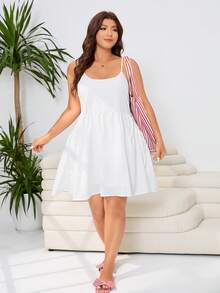 Solflare Plus Size Casual Solid Color Sleeveless Dress, Summer - White - View 6