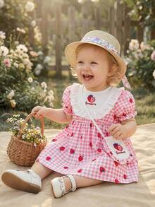 SHEIN Vintaside Kids 1件女婴舒适休闲印花荷叶边白色短袖百搭基础连衣裙，配可爱印花同款包包，适合春夏上学、旅行、度假和日常穿着 - 粉色 - 查看 4