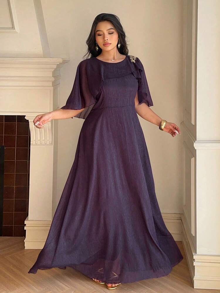 Dazy Plus Plus Size Elegant Purple Long Chiffon & Contrast Lace Cinched Waist Dress, Shawl Collar, Spring/Summer Sundress