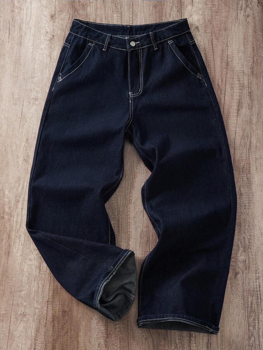 Manfinity Joysei 男士时尚口袋印花宽松牛仔裤 - 深色水洗藍 - 查看 1