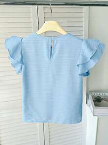 SHEIN Tween Girl Spring/Summer Casual Elegant Beaded Ruffle Cap Sleeve Woven Textured Round Neck Blouse Top Tween Girl - Baby Blue - View 2