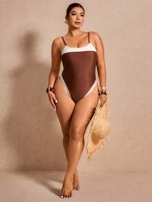 Elaquor Áo tắm liền thân cỡ lớn dành cho nữ, phối màu tương phản, kiểu dáng thường ngày, có dây đeo. - Cà phê nâu - Xem 4