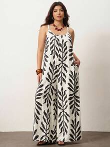 Enliva Plus Size Women's Wide-Leg Jumpsuit,Tropical Plant Leaf Print Sleeveless Boho Summer Vacation Holiday Beige Jumpsuit For Apple And Rounded - Apricot - View 9