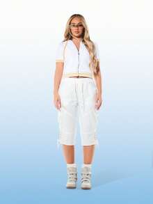 BABYPHAT White Short Sleeve Hooded Sweatshirt With Yellow Contrast Trim And Front Zip Closure Casual Loungewear For Spring Summer - White - View 3