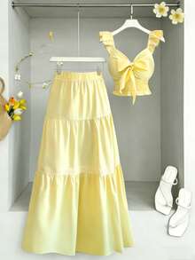 Elenzga New Women's Square Neck Ruffle Sleeve Front Tie Bow Waist Design A-Line Skirt, Vacation Casual Fashion Young Daily Versatile Flattering Elegant 2-Piece Set - Yellow - View 3