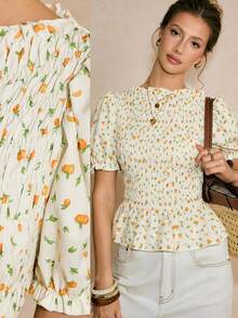 Poéselle Camisa de mujer de manga corta con estampado texturizado casual, de verano - Amarillo claro - Ver 2