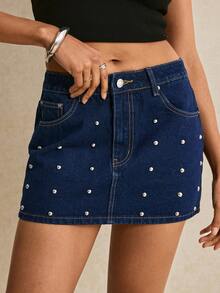 Poéselle Chân váy denim tối màu thanh lịch, đa năng dành cho nữ, đính ngọc trai, thích hợp cho các buổi hẹn hò. - Màu xanh lam - Xem 1