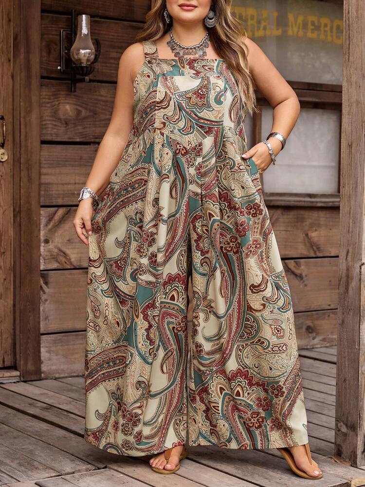 SHEIN CURVE+ Mono de pierna ancha con bolsillo y estampado botánico, talla grande, corte holgado, ropa de verano, estilo bohemio/vacacional para mujer - Multicolor - Añade 4