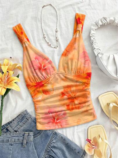 Soleia Women's Elegant Vacation Tie Strap Ruched Slim Fit Tank Top, Orange Tie Dye Watercolor Floral Print Pattern, Suitable For Holiday, Date, Afternoon Tea, Beach, Cruise, City Trip, Island Vacation, Music Festival, Boho Vacation, Can Be Worn Inside Or Outside,Summer Top