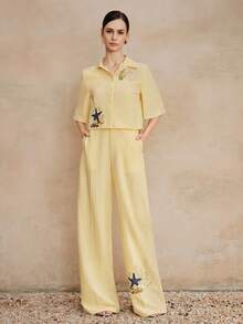 Anewsta 2pcs Starfish Embroidery Collared Cropped Shirt & Wide Leg Pants Set - Yellow - View 4