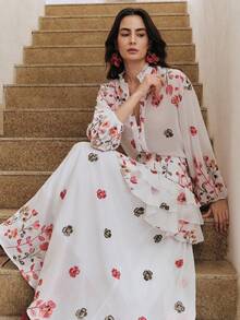 Anewsta 优雅V领灯笼袖花卉刺绣薄纱宽松女式衬衫 - 白色 - 查看 2