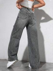 EURMUSE 水洗牛仔蓝高腰破洞阔腿牛仔裤 - 淺灰色 - 查看 2