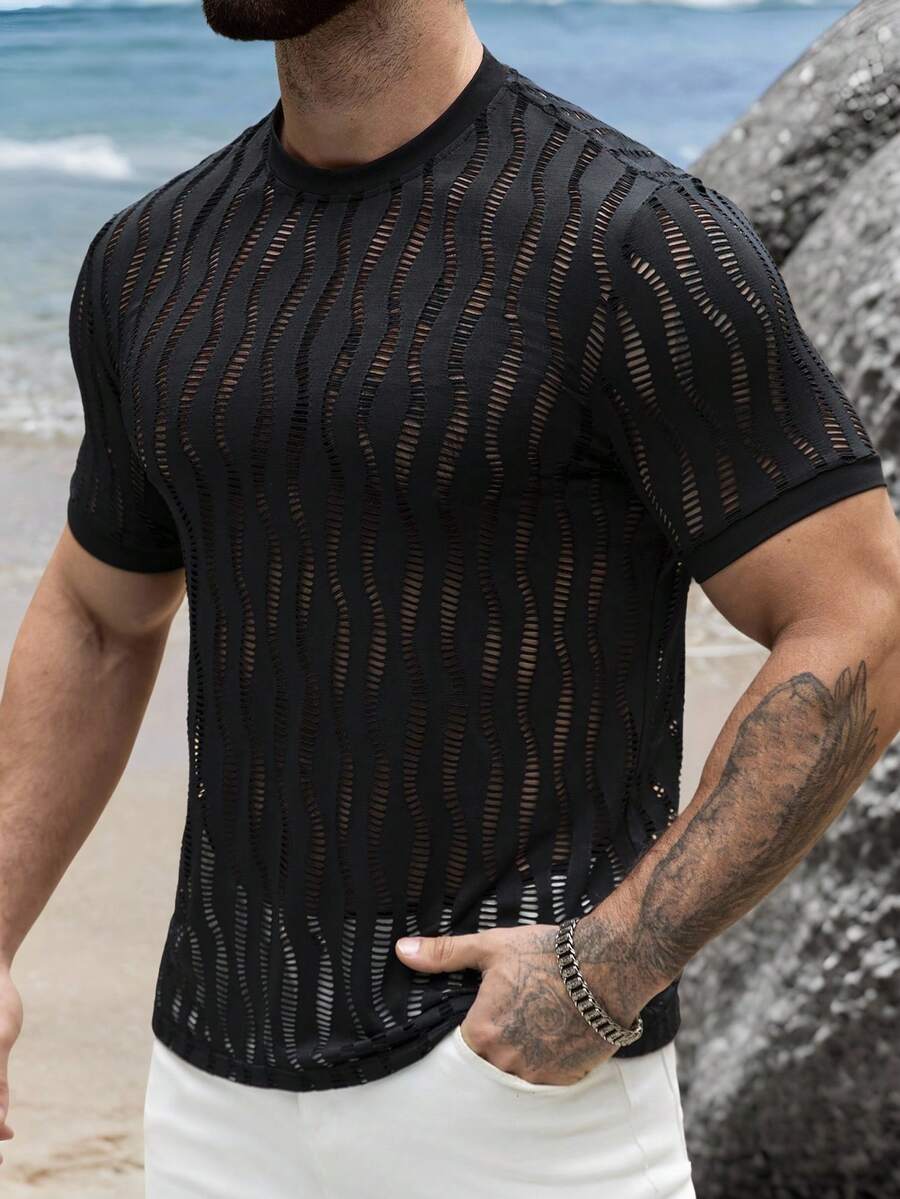 VENTUSAIL Camiseta de manga corta de cuello redondo minimalista y hueca para hombre, de verano - Negro - Ver 1